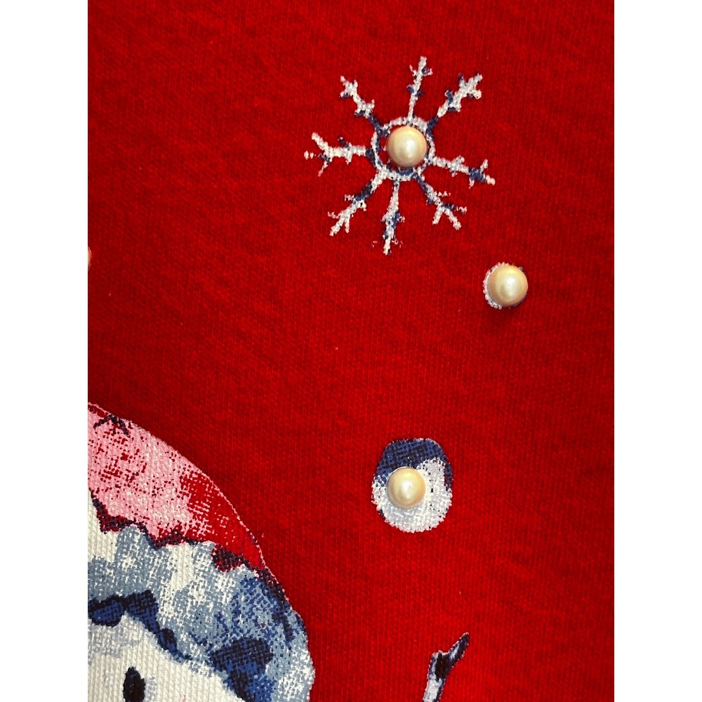 Kim Rogers Red Christmas Snowman Pearl Embellished L. Sleeve Tee Shirt Womens M - Picture 3 of 7